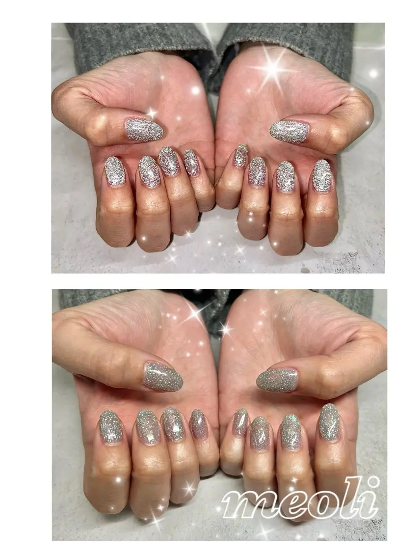 ネイル オーロラネイル キラキラネイル ラメ(グリッター) シルバー シンプルネイル ハンドネイル nail salon meoli　アヤのネイルデザイン
