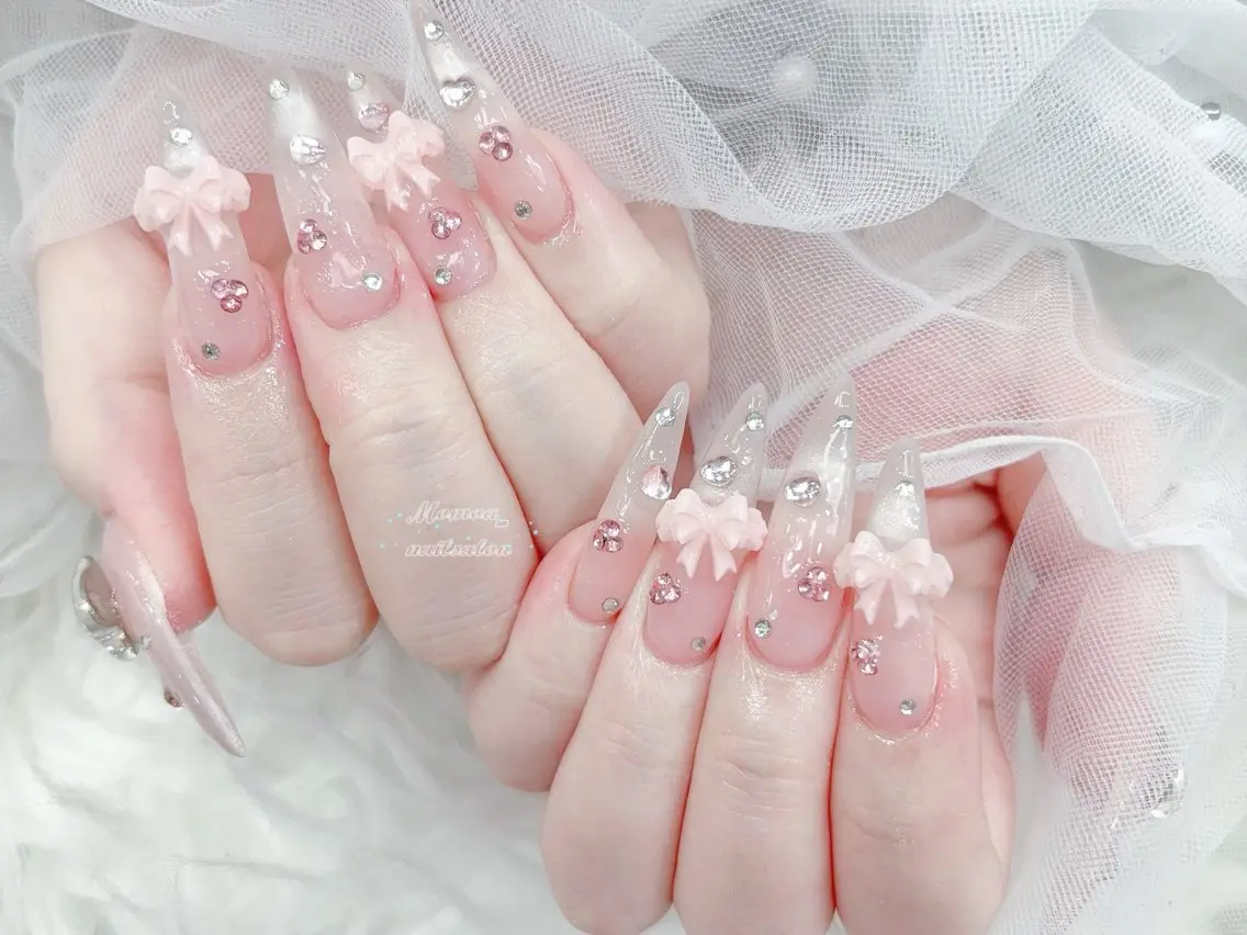 ネイル 成人式 マグネットネイル 大理石ネイル(マーブル) リボン 夏ネイル ハンドネイル MoMoA Nail ネイル長さ出し専門店のネイルデザイン
