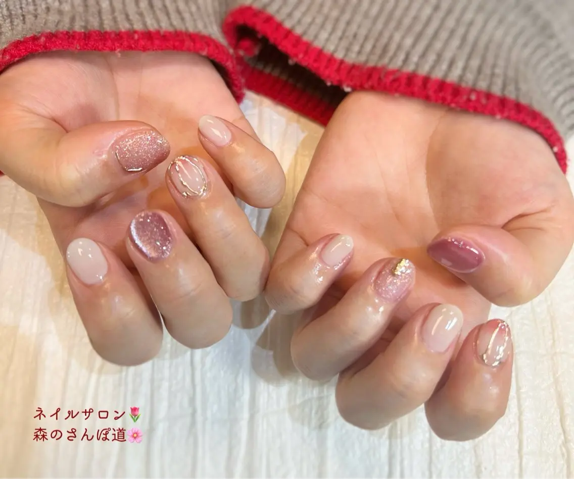 ネイル ハンドネイル ショートネイル 森のさんぽ道のネイルデザイン