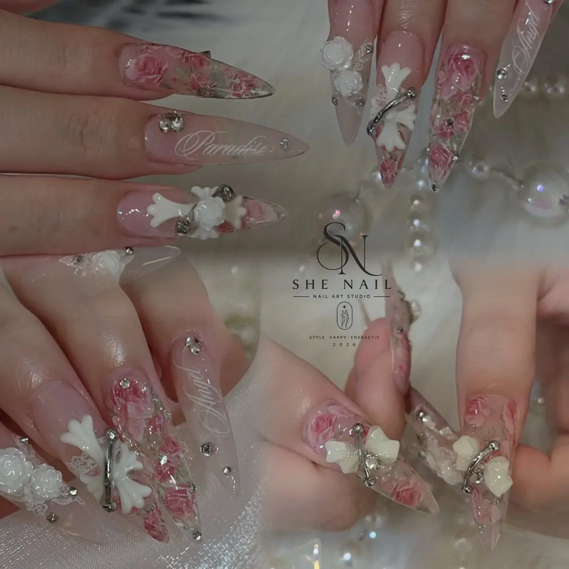 ネイル フラワーネイル ガーリー レース ラメ(グリッター) ロングネイル ハンドネイル 博多 SHE Nailのネイルデザイン