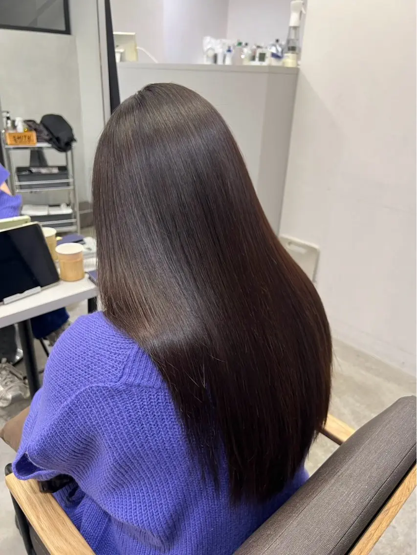 ロング パーマ 髪質改善 レイヤーカット 縮毛矯正 トリートメント 酸性ストレート 縮毛矯正 🍒モテ暖色カラー × うる艶✧ ゆなのヘアスタイル
