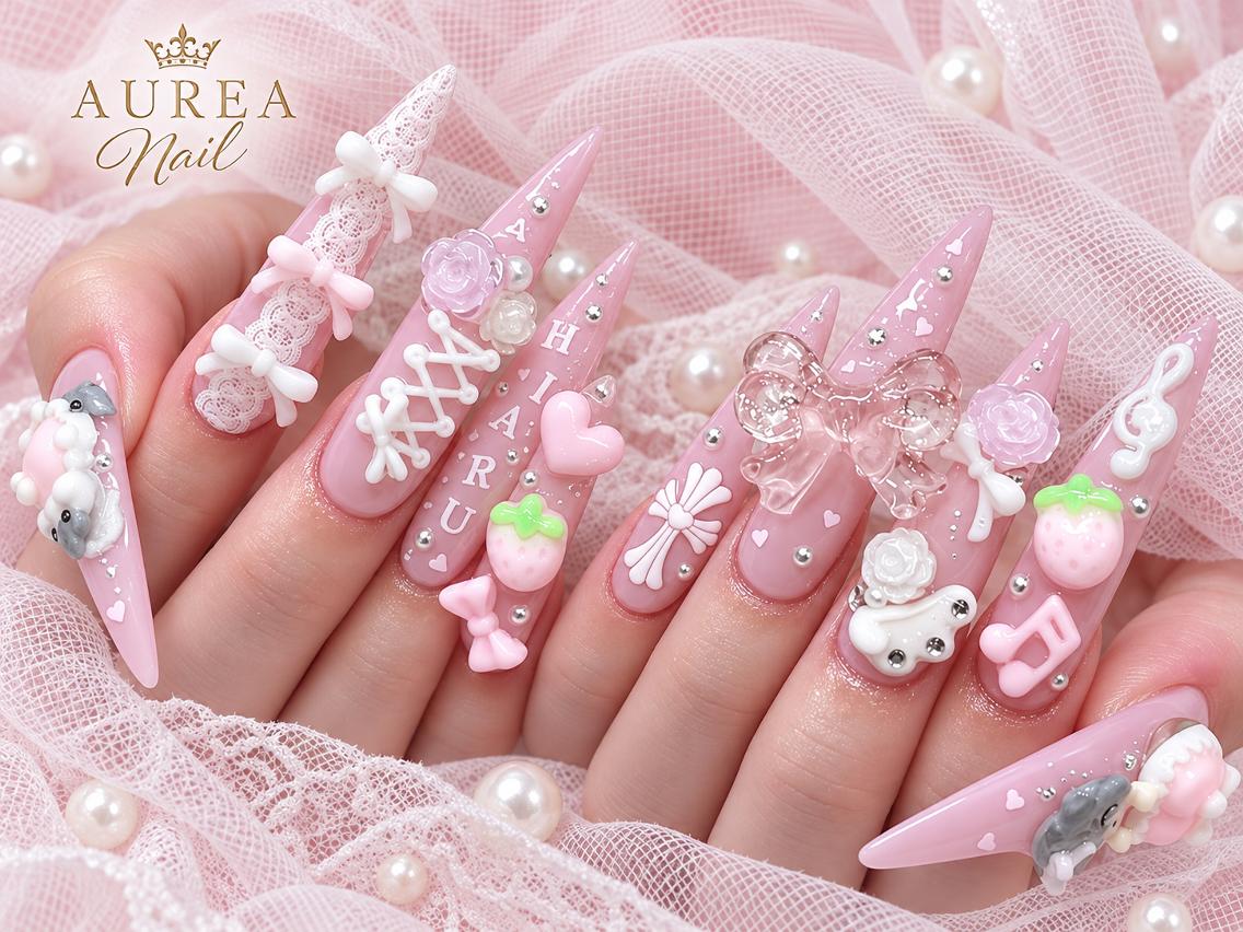 ネイル 長さ出し ハート キラキラネイル 韓国ネイル ロングネイル Mina Aurea Nailのネイルデザイン