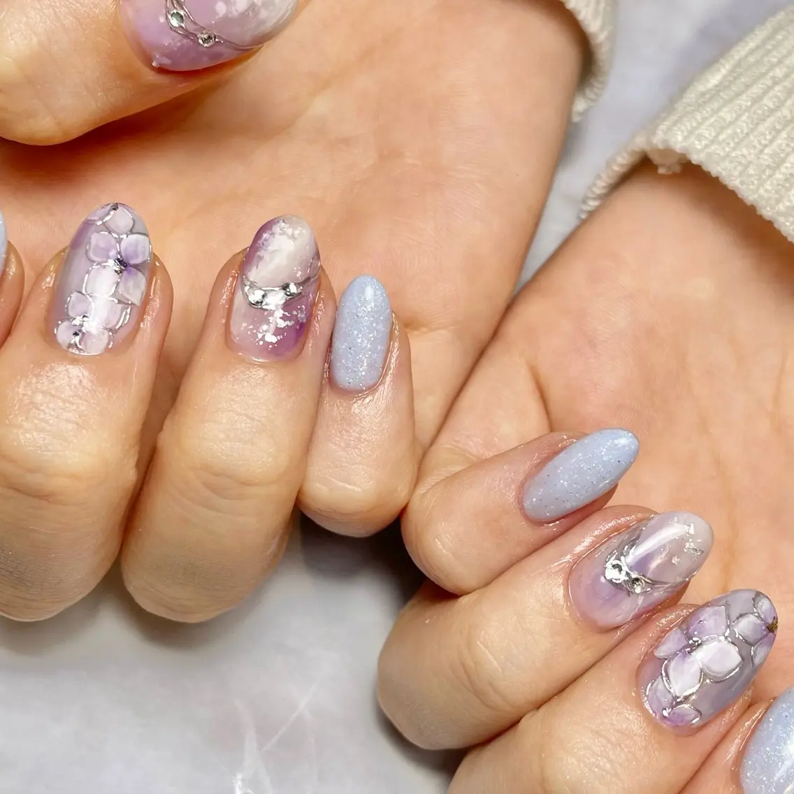 ネイル フラワーネイル 持ち込み パープル ハンドネイル Reflection marikoのネイルデザイン