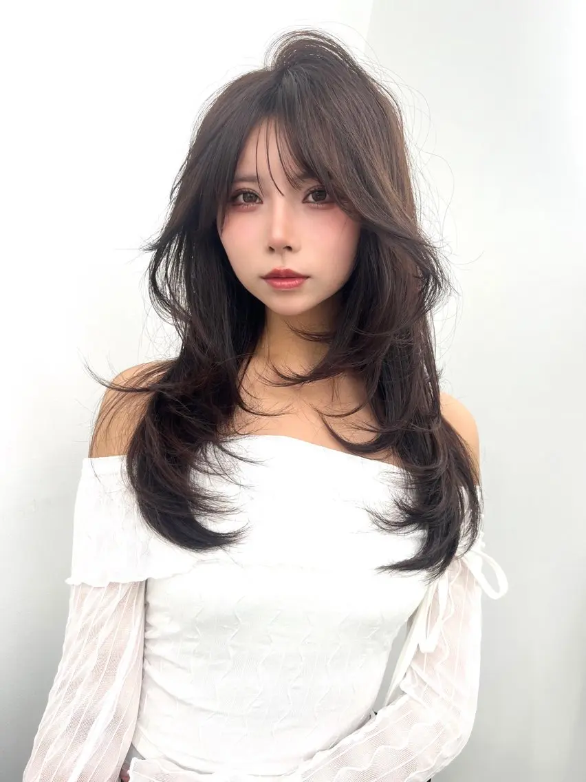 ロング カラー 透明感カラー グレージュ ハイレイヤー 髪質改善 レイヤーカット ヘアカラー トリートメント 盛れる顔周り✨韓国式 レイヤーkanatoのヘアスタイル