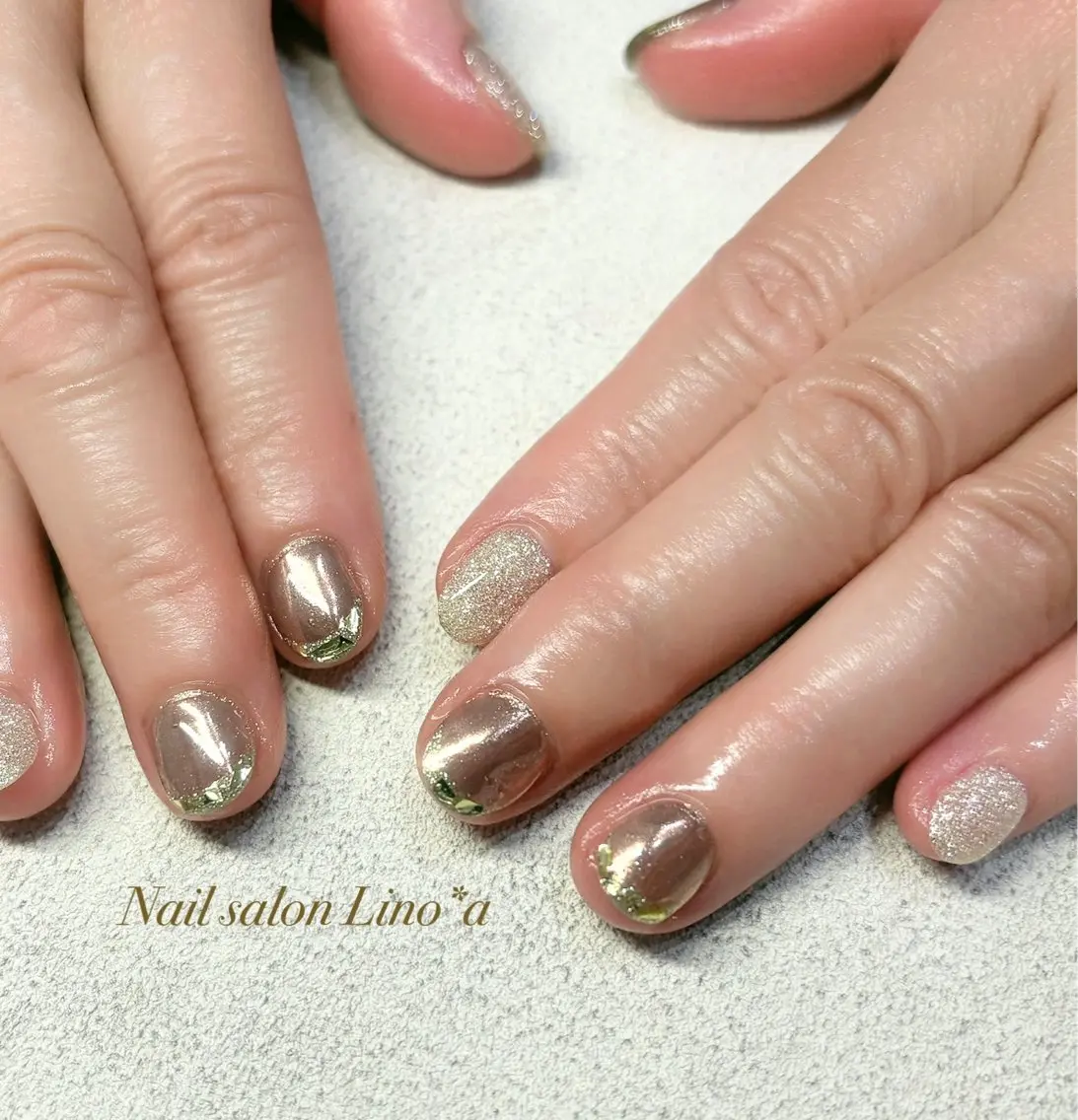 ネイル フレンチネイル ガラスフレンチ ラメ(グリッター) ミラーネイル ワンカラーネイル ハンドネイル Nail salon Lino*aのネイルデザイン
