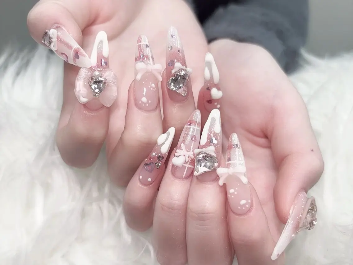 ネイル 成人式 マグネットネイル 大理石ネイル(マーブル) リボン 夏ネイル ハンドネイル MoMoA Nail ネイル長さ出し専門店のネイルデザイン