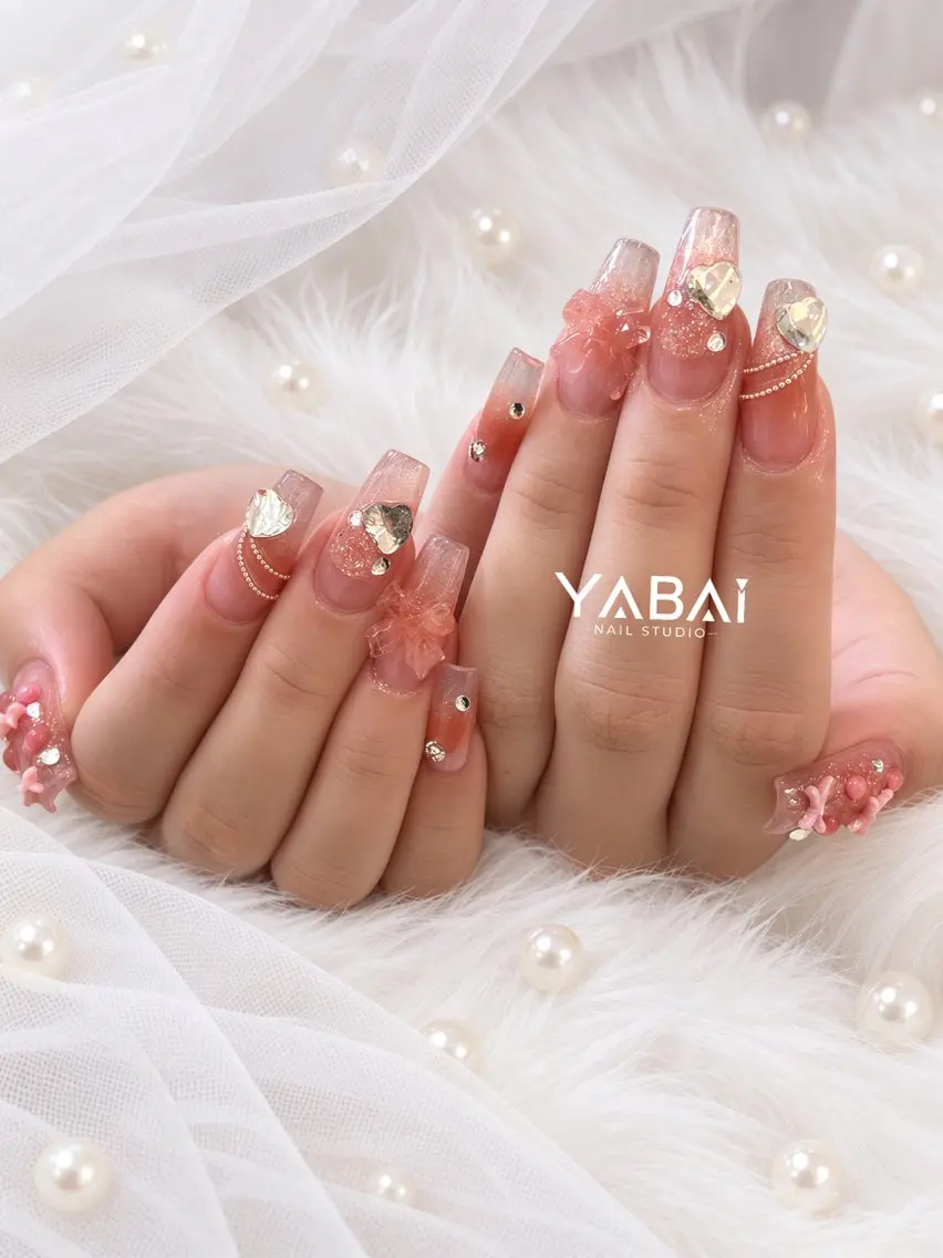ネイル グラデーション ハート ラメ(グリッター) ピンク リボン YABAI NailStudioのネイルデザイン