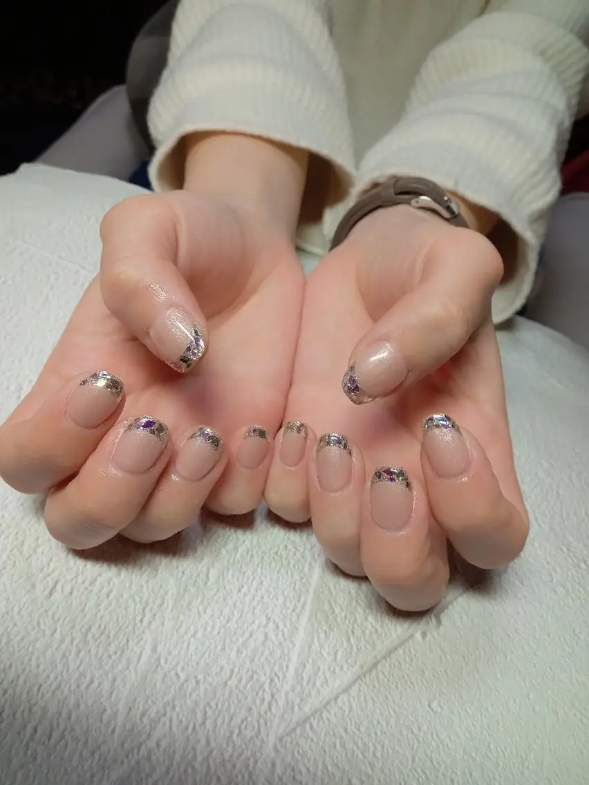 ネイル クリアネイル フレンチネイル ガラスフレンチ キラキラネイル オフィスネイル ハンドネイル flure de neige yukiのネイルデザイン