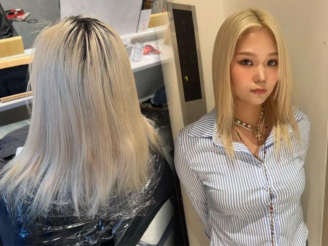 ミディアム カラー ブロンド ayaka🫧 梅田ダブルカラーのヘアスタイル