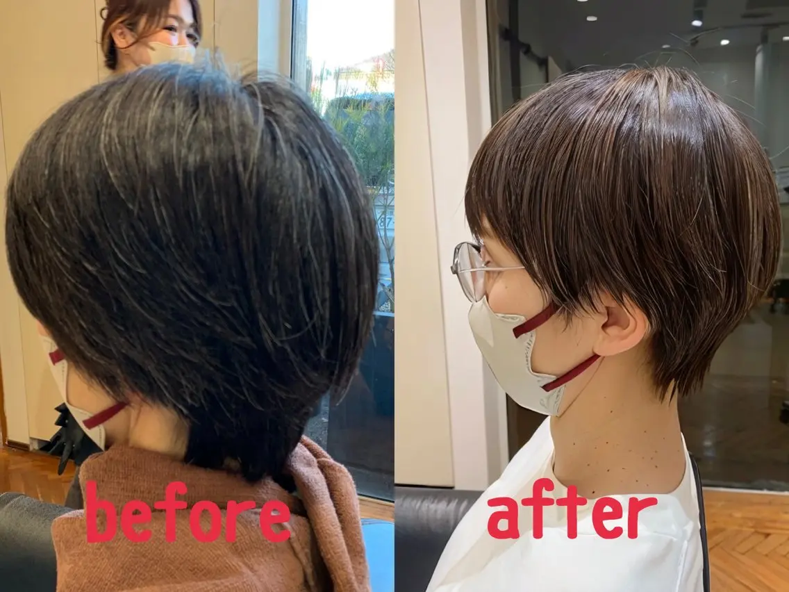 ショート カラー イヤリングカラー ハイライトカラー イルミナカラー ボブ ハイライト ショート✖️縮毛矯正 ✂️秋山知穂✂️のヘアスタイル