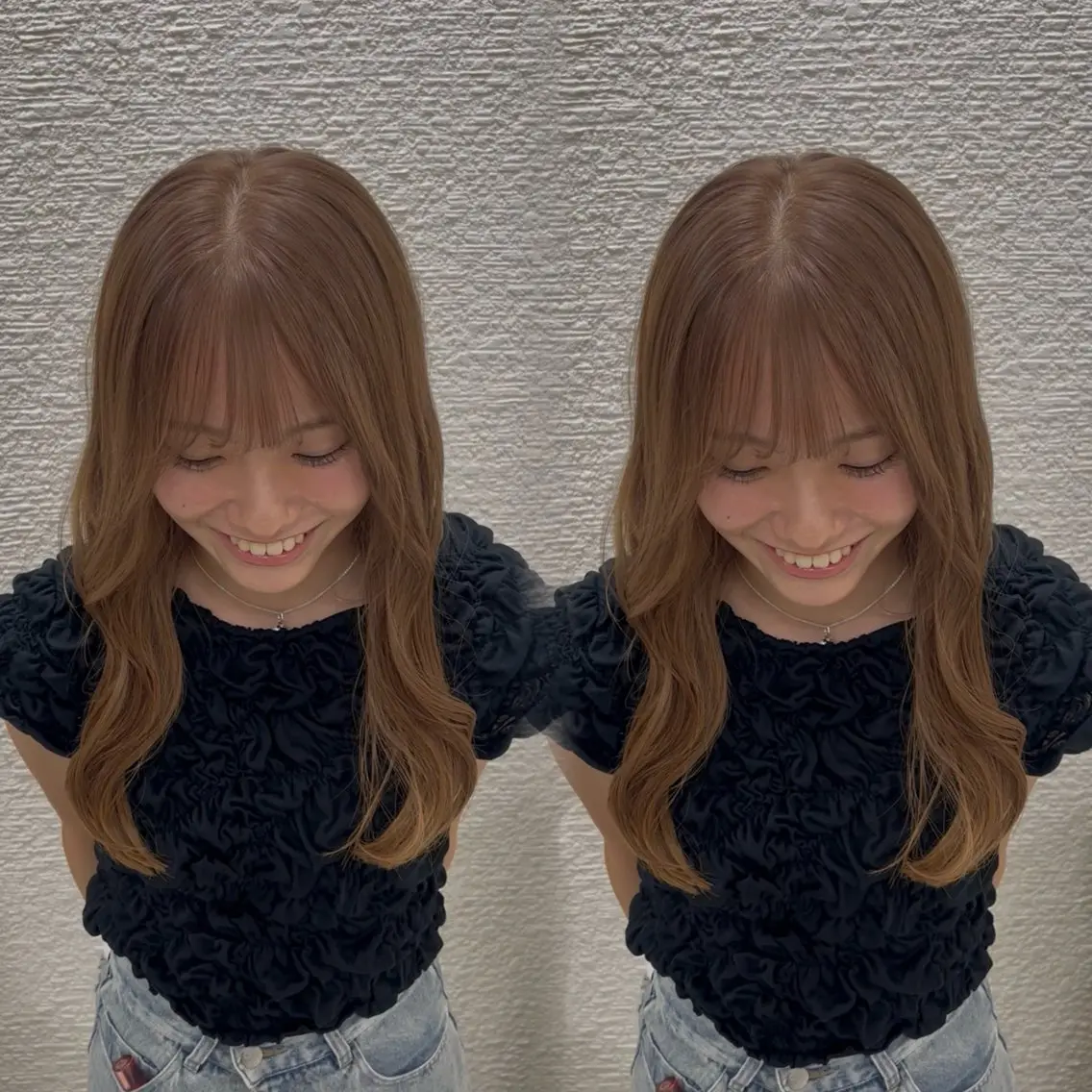 ロング カラー ベージュカラー ミルクティーベージュ ヘアカラー トリートメント ヘアセット ベージュ/つや/ レイヤー／ゆいなのヘアスタイル