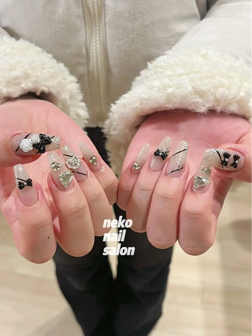 ネイル ガーリー 持ち込み リボン ハンドネイル neko nailのネイルデザイン