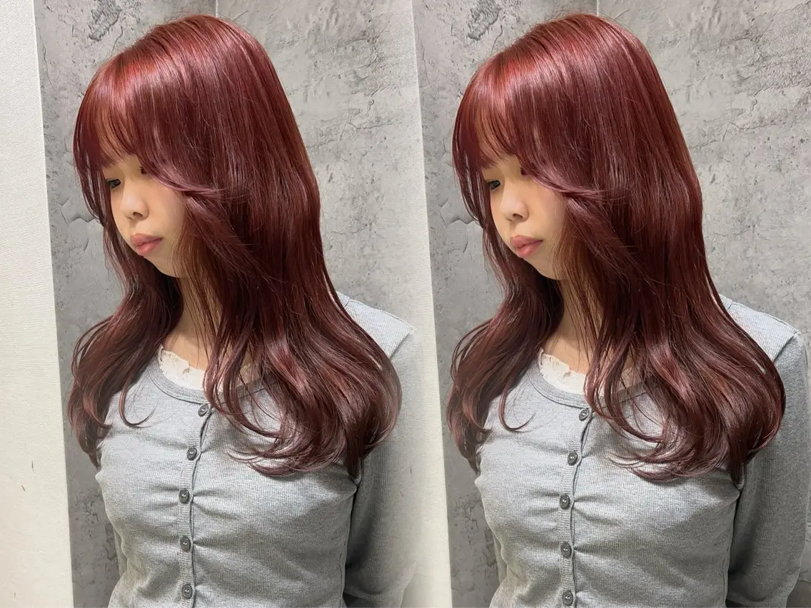 ロング カラー ブリーチ ブラウンカラー ブリーチなしカラー ピンクカラー ピンクブラウン ayaka🫧 梅田ダブルカラーのヘアスタイル