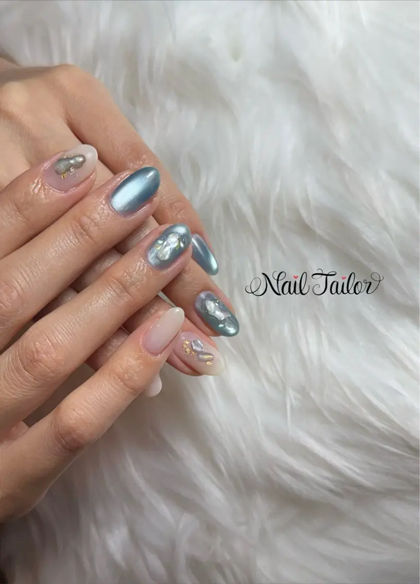 ネイル アートネイル フラッシュネイル 水色 マグネットネイル オフィスネイル ハンドネイル NailTailor ネイルテイラーのネイルデザイン