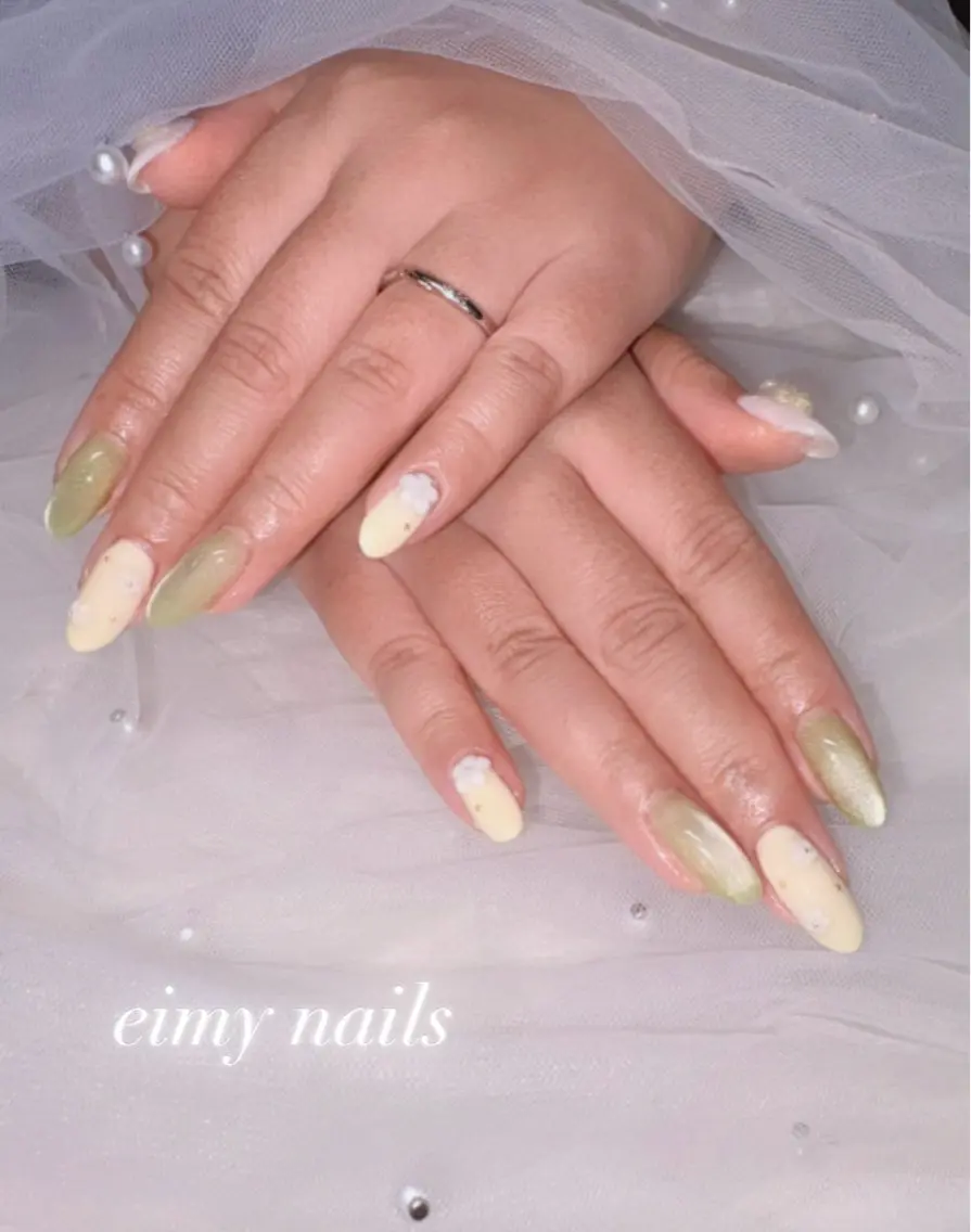 ネイル アートネイル フラワーネイル グリーン マグネットネイル パステルネイル ハンドネイル eimy nails♡のネイルデザイン