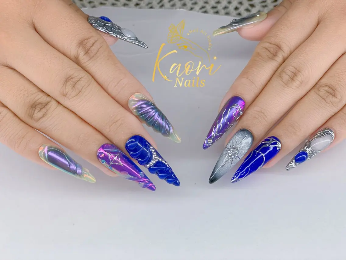 ネイル アートネイル オーロラネイル ブルー 長さ出し 氷ネイル・うるうるネイル ハンドネイル Kaori Nailのネイルデザイン