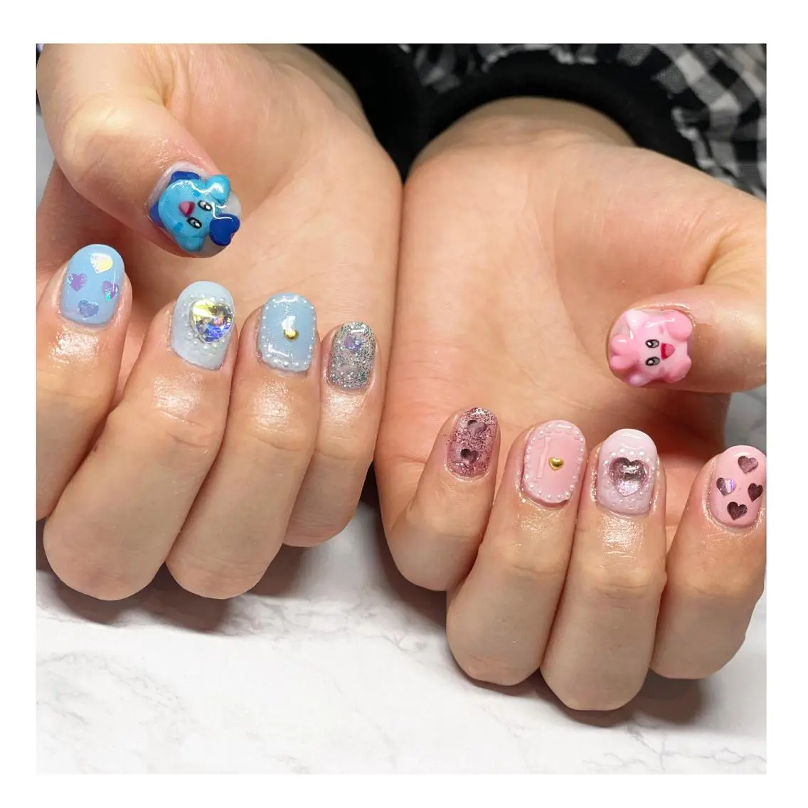 ネイル ブルー ジェルネイル ピンク ハンドネイル LaLa Peach 福岡のマツエク・マツパデザイン