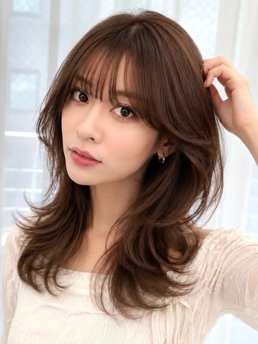 セミロング 韓国風ヘア レイヤーカット 割れない顔まわり× 小顔補正レイヤー難波のヘアスタイル