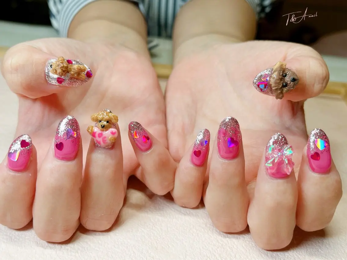 ネイル 長さ出し ハート ピンク リボン スカルプネイル T&A nailのネイルデザイン