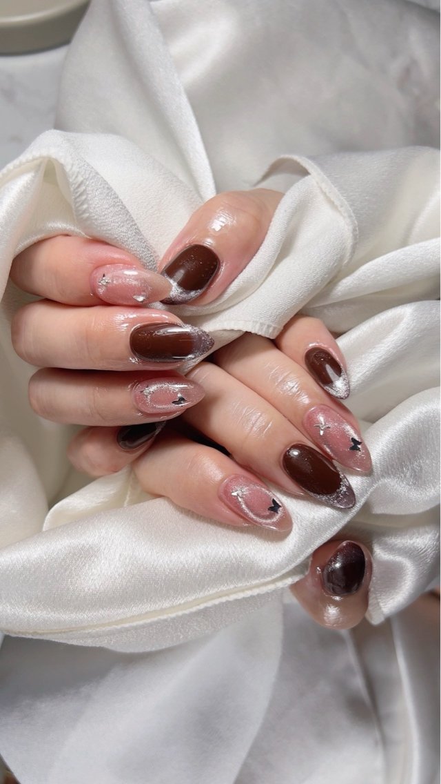 ネイル ブラウン フレンチネイル キラキラネイル ラメ(グリッター) ピンク ハンドネイル Sunset Nail 柏のネイルデザイン