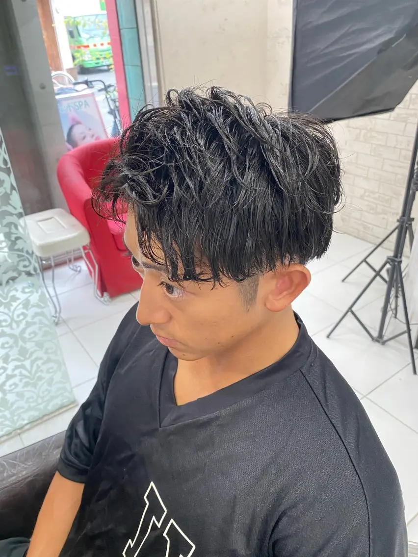 パーマ メンズ アップバング カット パーマ グレージュ達人/赤み 消し/ブリーチ/岩崎のヘアスタイル