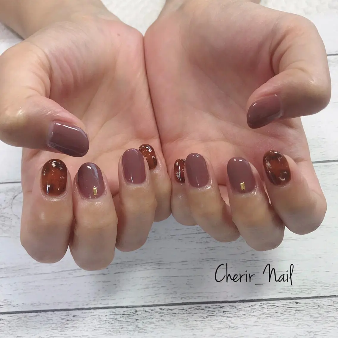 ネイル アートネイル べっ甲ネイル ブラウン 大理石ネイル(マーブル) ニュアンスネイル Cherirnail kaoriのネイルデザイン