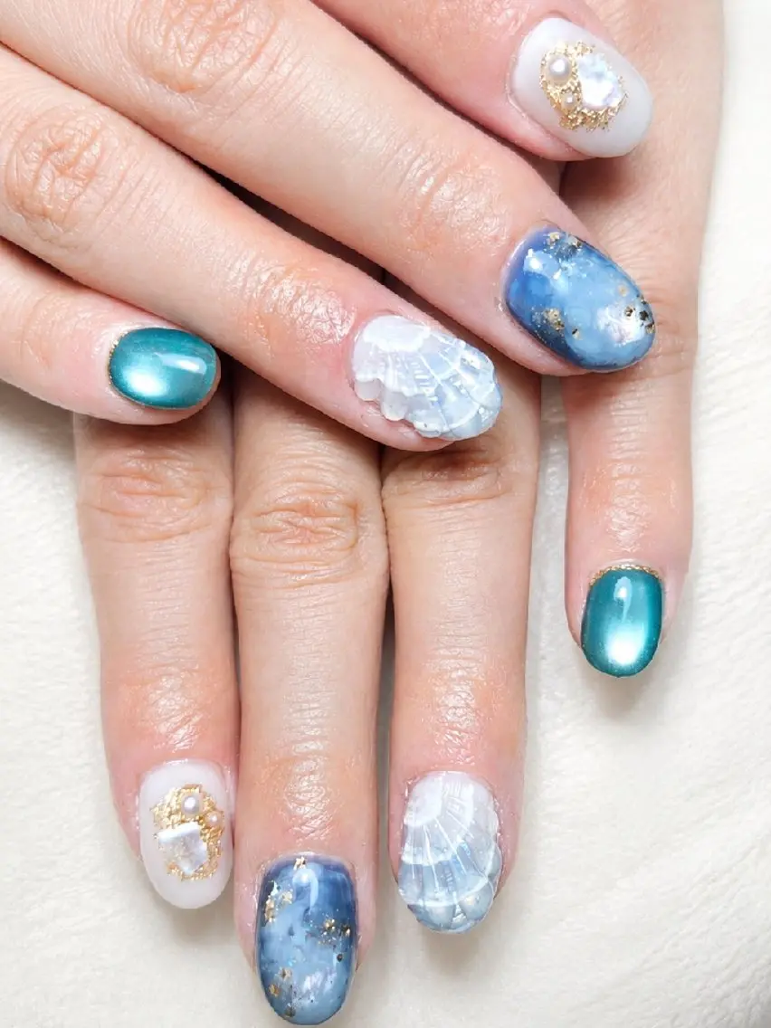 ネイル ブルー ハンドネイル Whitebase nailのネイルデザイン