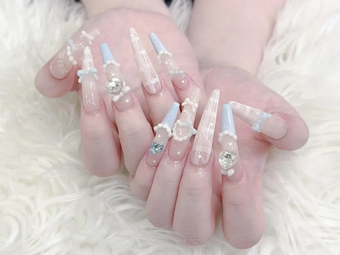 ネイル 成人式 大理石ネイル(マーブル) リボン 夏ネイル ネイルチップ ハンドネイル MoMoA Nail ネイル長さ出し専門店のネイルデザイン