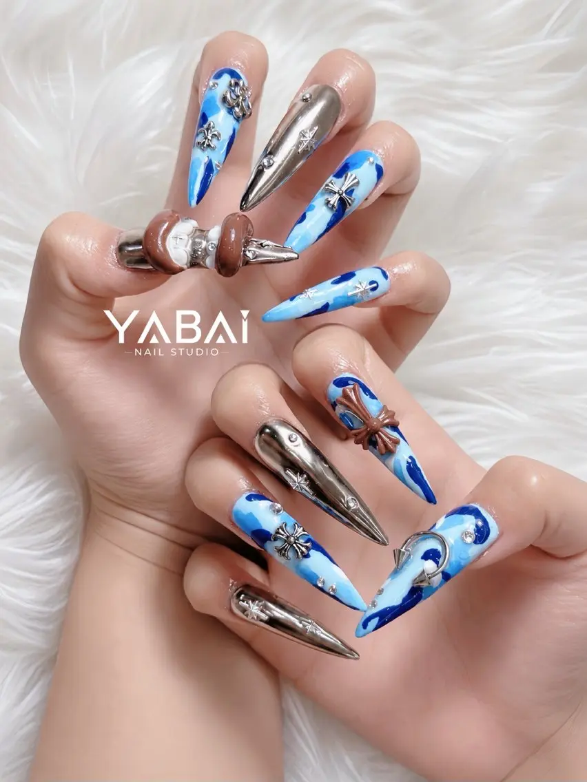 ネイル ブルー ロングネイル ミラーネイル スーパーロングネイル YABAI NailStudioのネイルデザイン