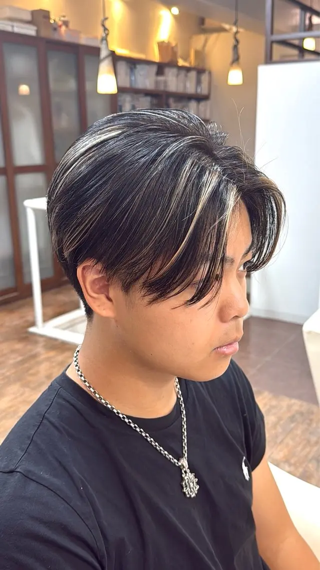 ミディアム メンズ センターパート メンズハイライト 刈り上げ ハイライト カット ヘアカラー トリートメント 小山功陽 /メンズスタイルのヘアスタイル