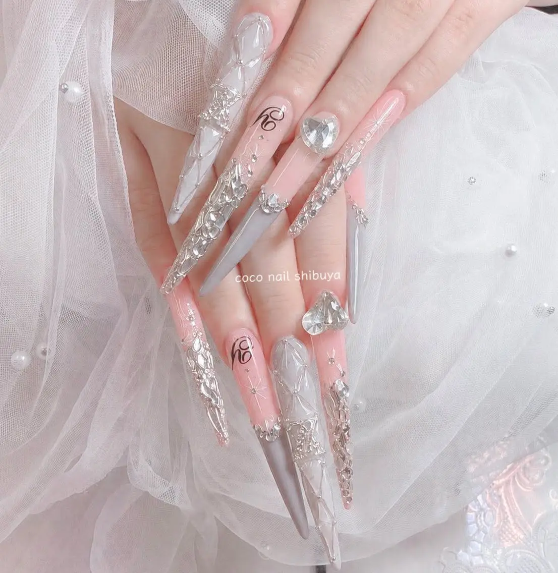 ネイル 成人式 大理石ネイル(マーブル) リボン 夏ネイル ネイルチップ ハンドネイル CoCo Nail 長さ出し専門店のネイルデザイン