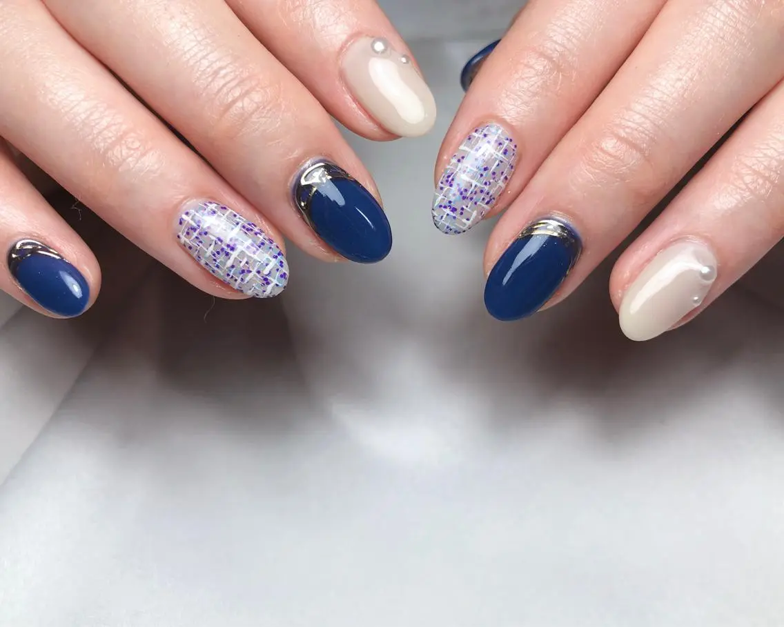 ネイル ブルー ツイードネイル ハンドネイル saki_ nail heronのネイルデザイン
