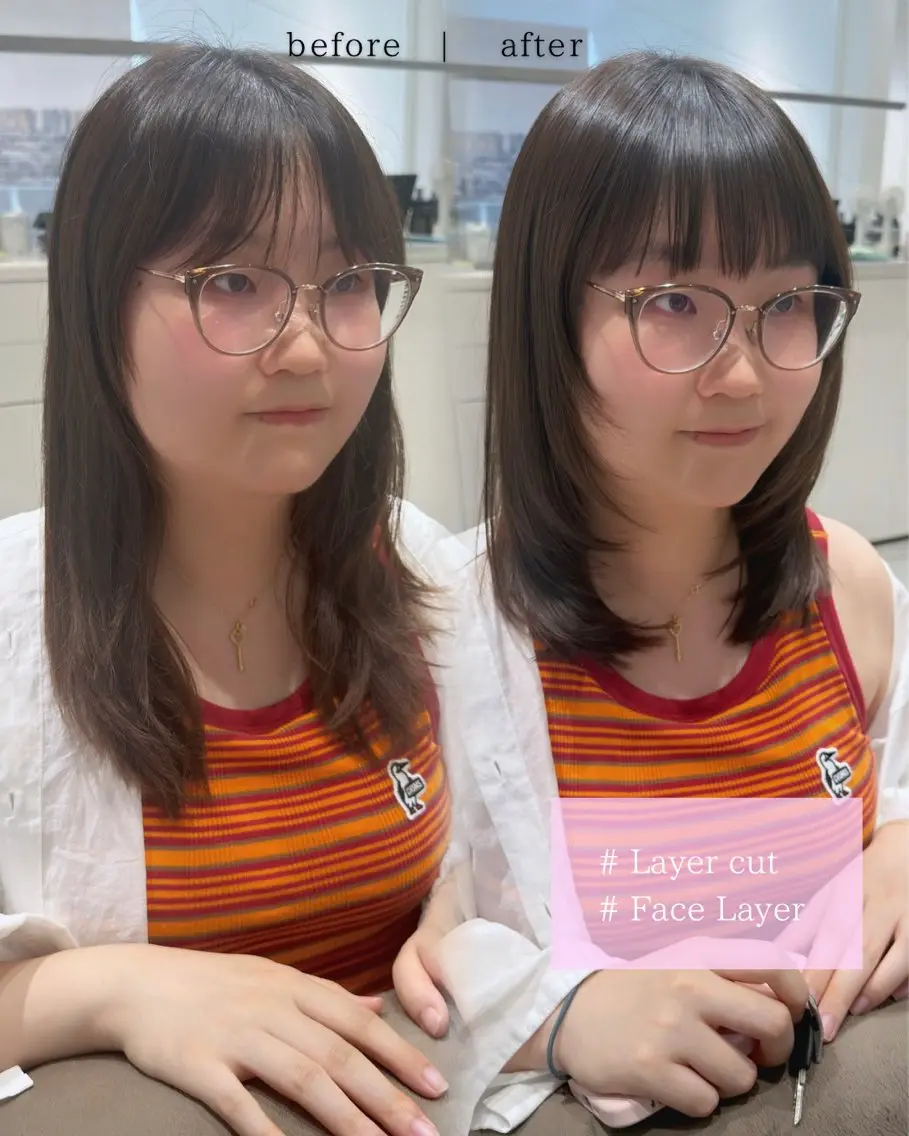 ミディアム カラー パーマ 顔まわりレイヤー レイヤーカット 小顔カット 縮毛矯正 ストレートパーマ カット ヘアカラー 縮毛矯正 トリートメント ヘッドスパ ヘアセット レイヤーカット/縮毛 ‎矯正/川添桃花‎のヘアスタイル