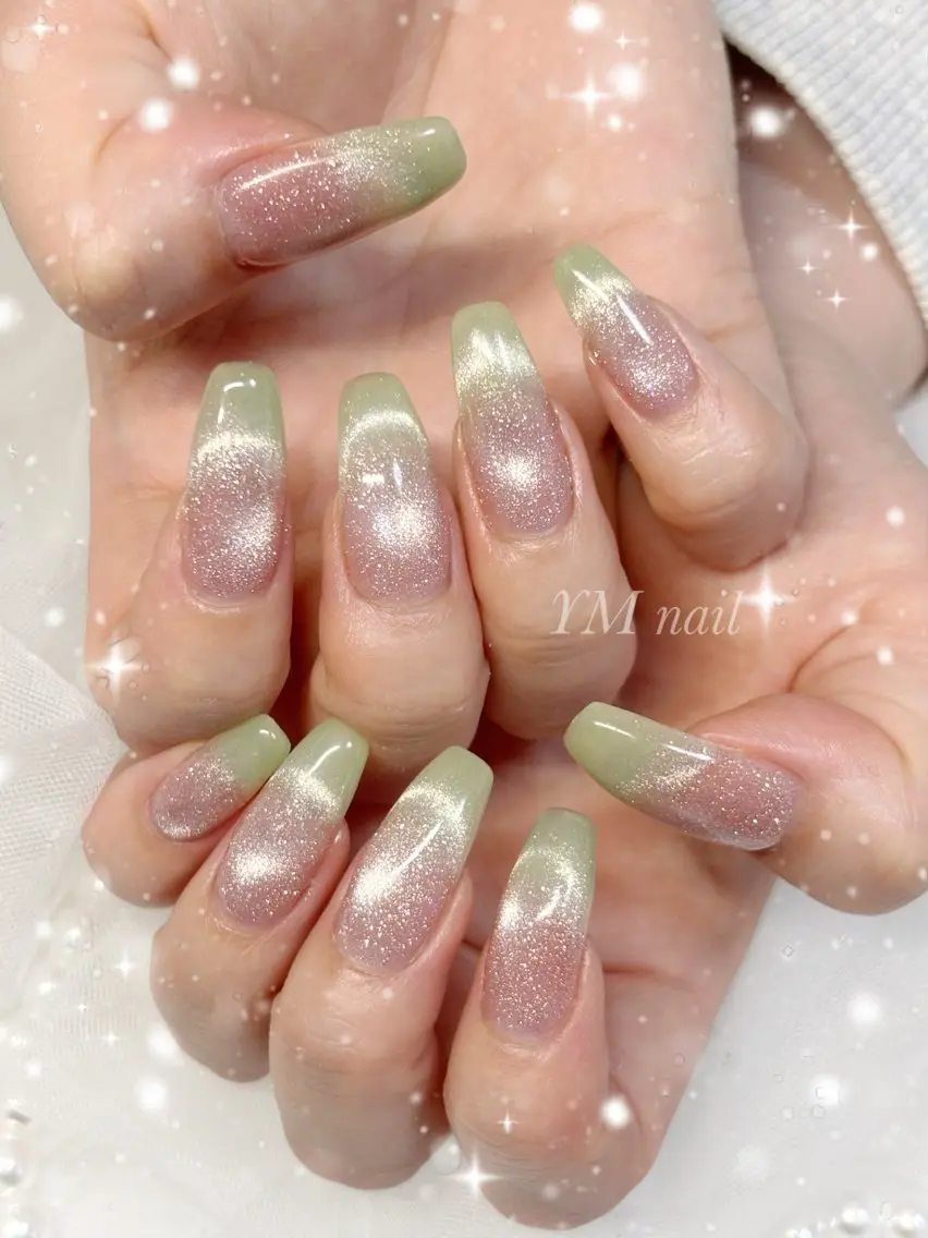 ネイル フラッシュネイル グリーン マグネットネイル ピンク 春ネイル ハンドネイル YM nailのネイルデザイン