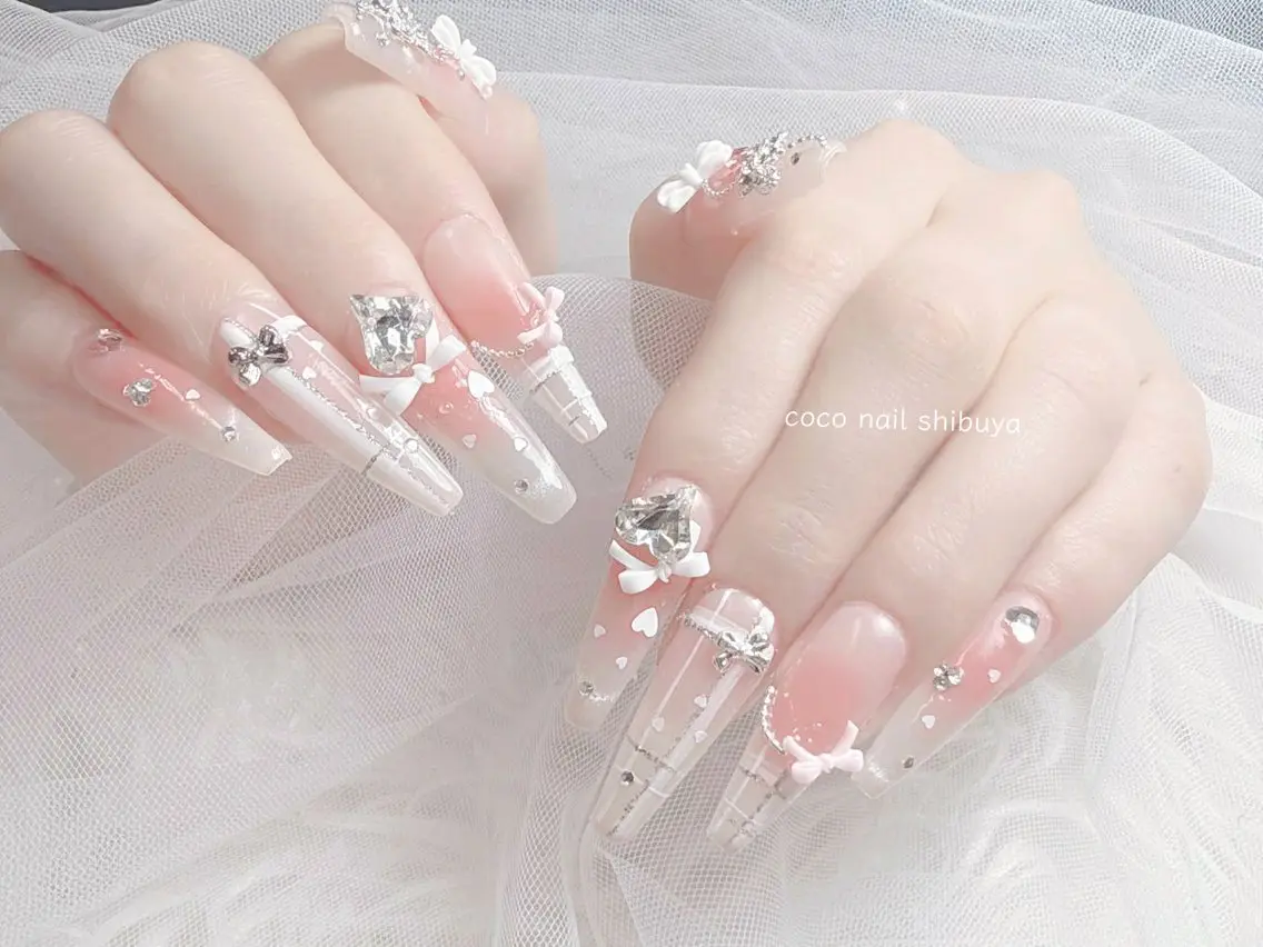 ネイル 成人式 大理石ネイル(マーブル) リボン 夏ネイル ネイルチップ ハンドネイル CoCo Nail 長さ出し専門店のネイルデザイン