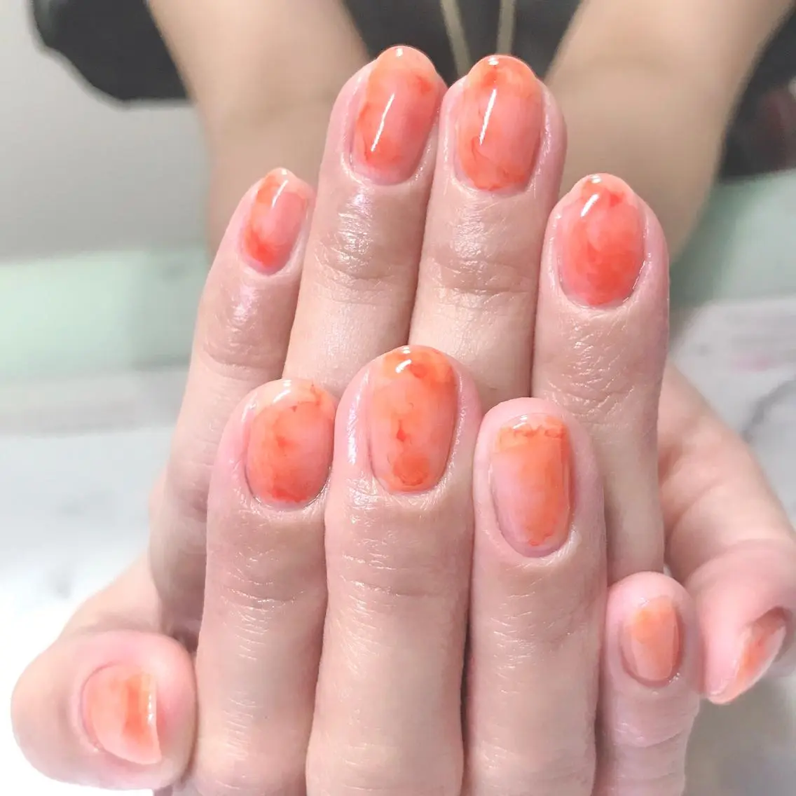 ネイル クリアネイル 大理石ネイル(マーブル) ニュアンスネイル オレンジ ステラ marikominoのネイルデザイン