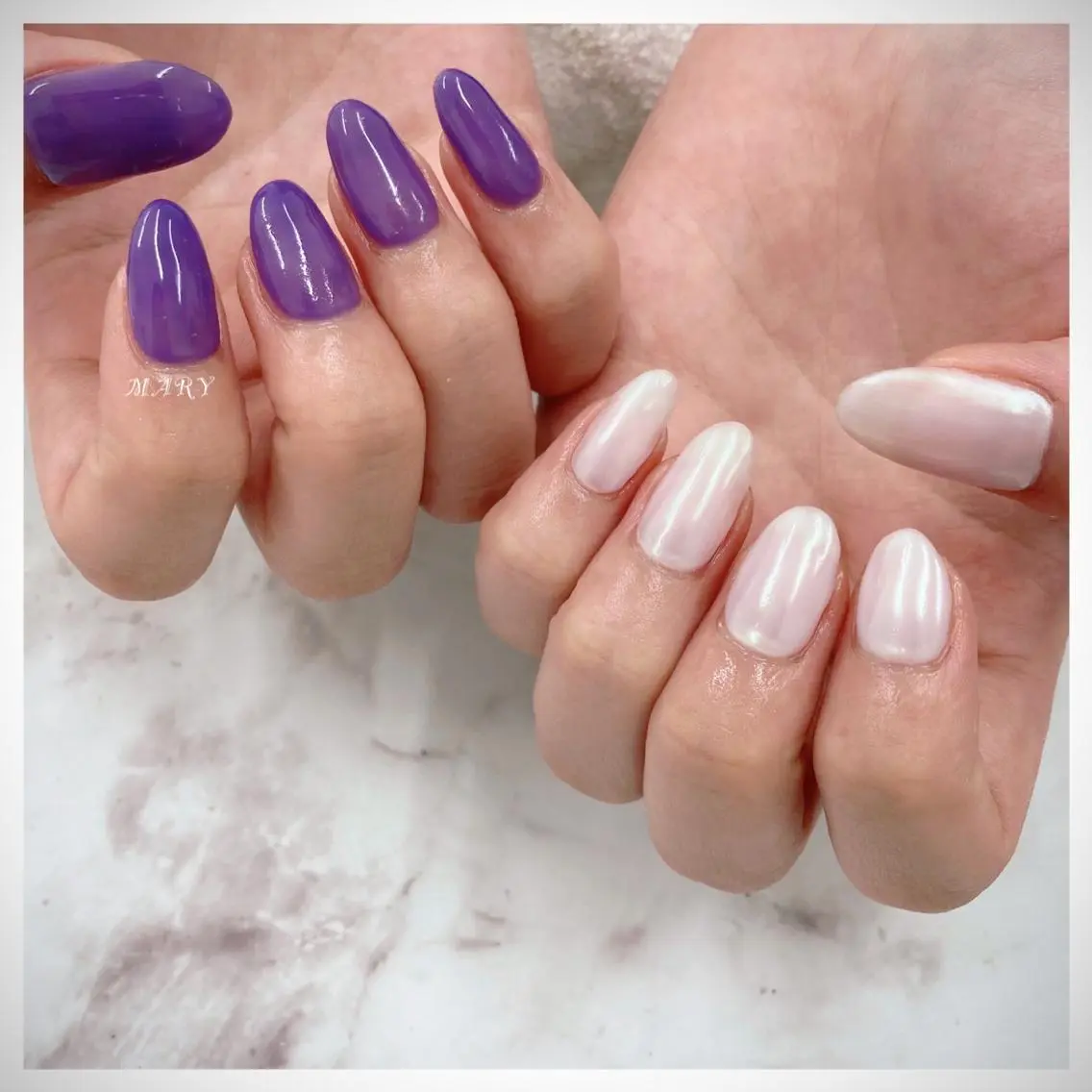 ネイル オーロラネイル ニュアンスネイル ワンカラーネイル パープル シンプルネイル ハンドネイル Mary nail .narumiのネイルデザイン