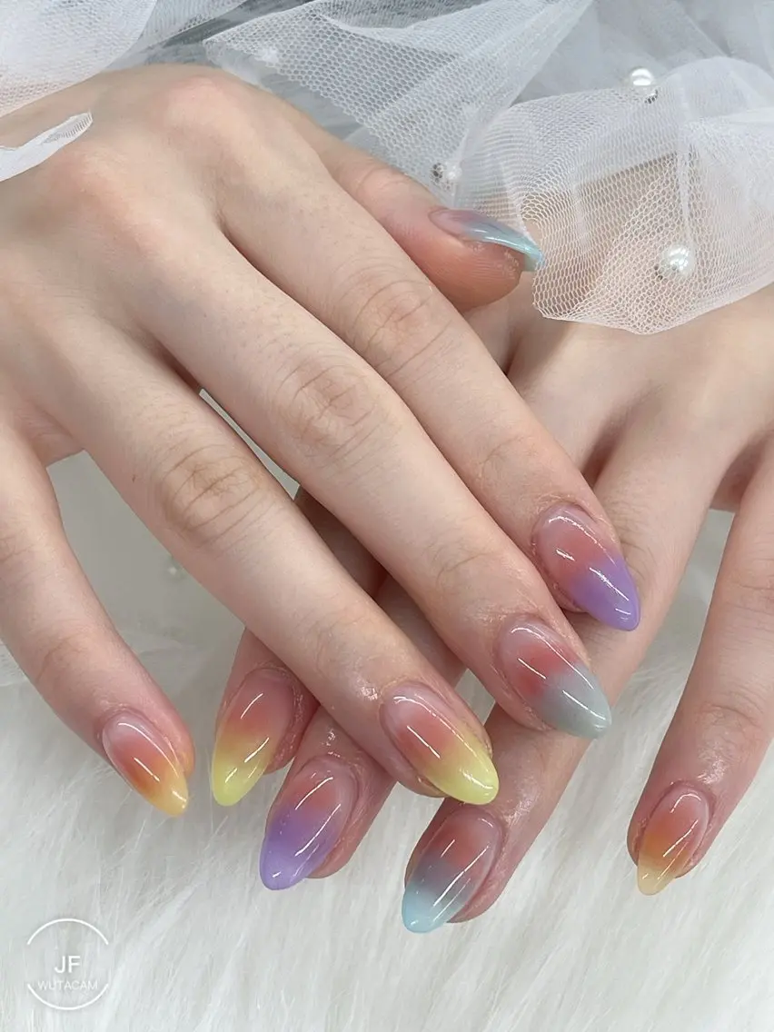 ネイル ブルー グラデーション オレンジ パステルネイル シンプルネイル ハンドネイル ハンドケア JF- yoyoのマツエク・マツパデザイン