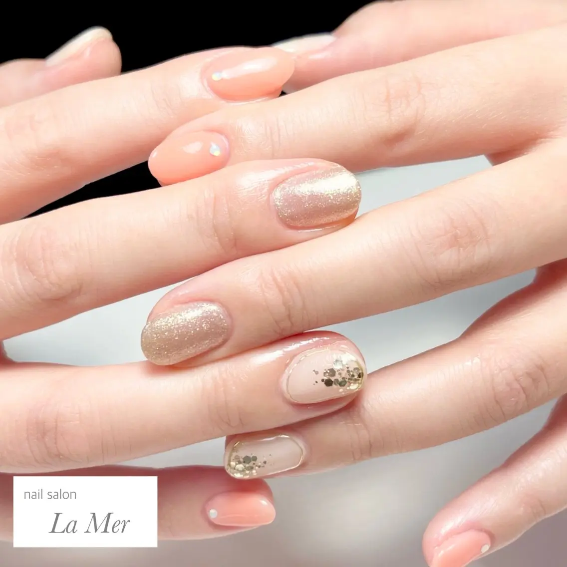 ネイル ゴールド ラメ(グリッター) ミラーネイル ニュアンスネイル オレンジ nailsalon La Merのネイルデザイン