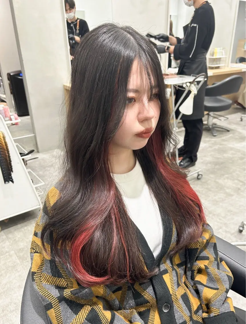 ロング カラー ブリーチ レッドカラー レイヤーカット ローレイヤー 韓国ヘア×レイヤー カット/上田丈也のヘアスタイル