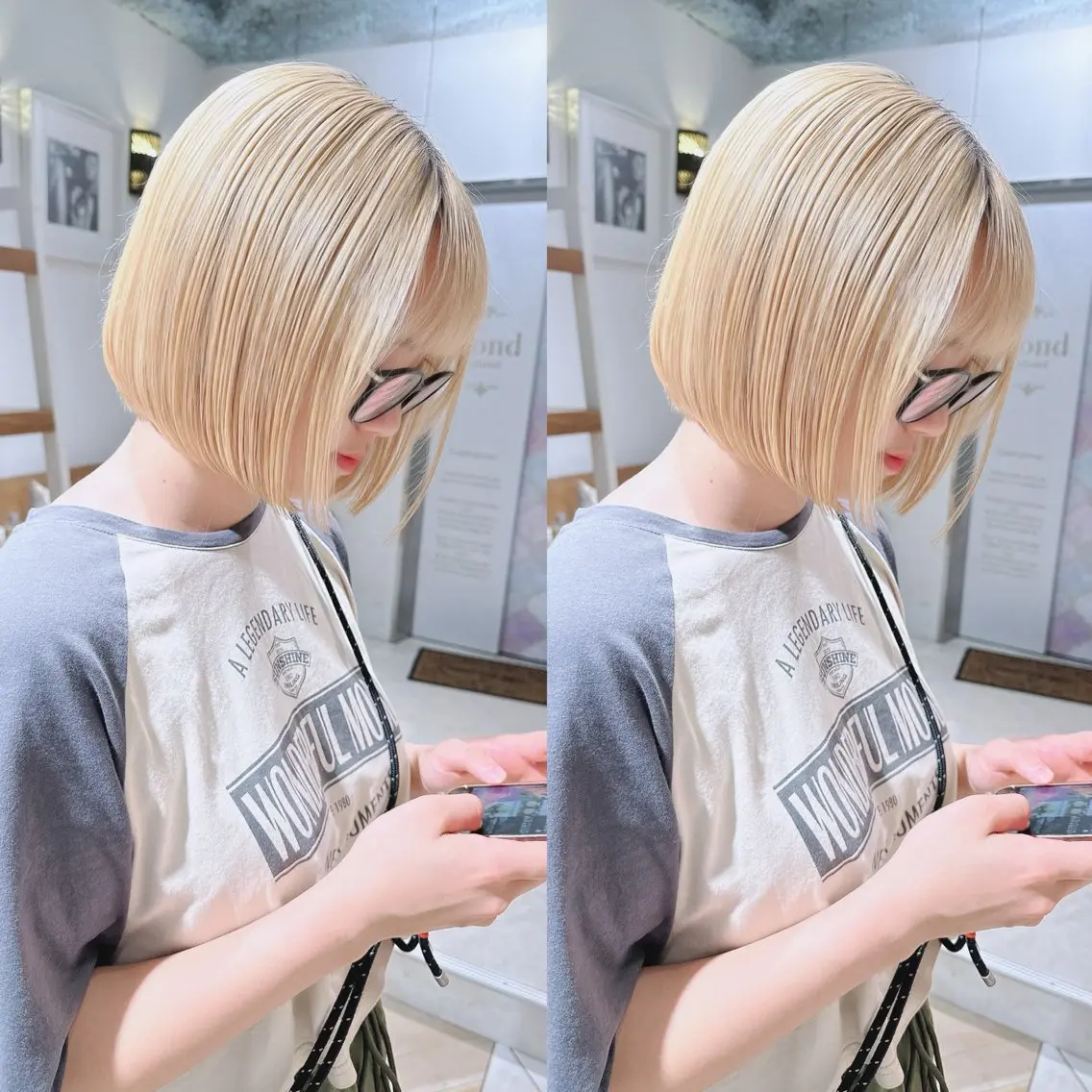 ミディアム カラー ベージュカラー ブリーチ ハイトーンカラー ホワイトベージュ ボブ カット ヘアカラー トリートメント ブリーチなし/暖色/ 透明感/ririkaのヘアスタイル