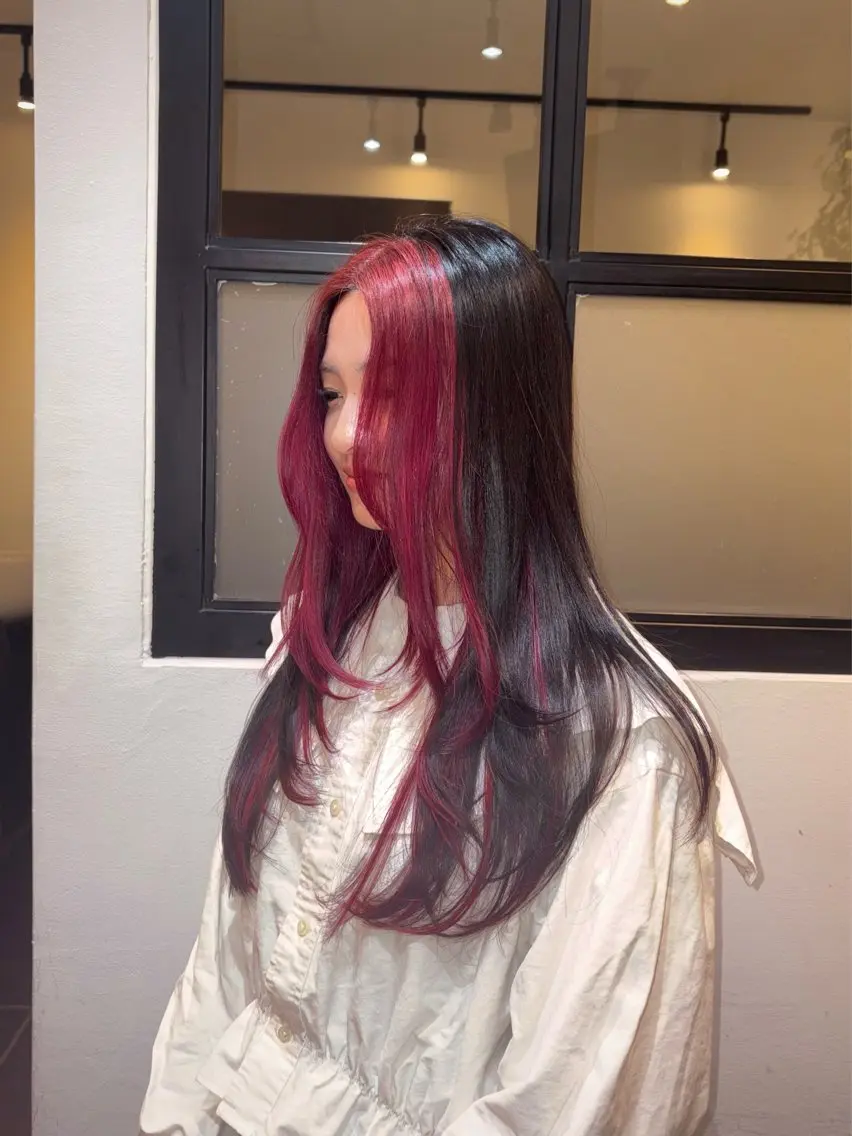ロング カラー ミストバング 黒髪 ブリーチ デザインカラー  フェイスフレーミング ヘアカラー ﾜﾝｶﾗｰ/ﾊｲﾄｰ ﾝ🪽MiYU🪽のヘアスタイル