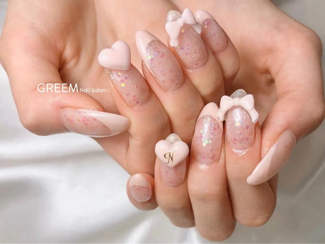 ネイル オーロラネイル フレンチネイル ハート ピンク リボン GREEM グリームのネイルデザイン