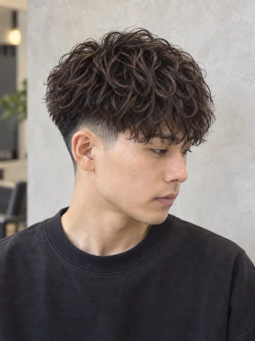 ショート パーマ メンズ ビジネス センターパート フェードカット フェザーパーマ メンズ韓国風 カット パーマ トリートメント ヘアセット メンズパーマ特化 TAKE高崎駅のヘアスタイル