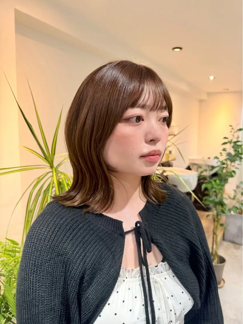 ミディアム 切りっぱなしボブ ボブ くびれヘア 顔周りカット レイヤーカット カット ヘアカラー トリートメント RIN ✴︎透け感カラー✴︎のヘアスタイル
