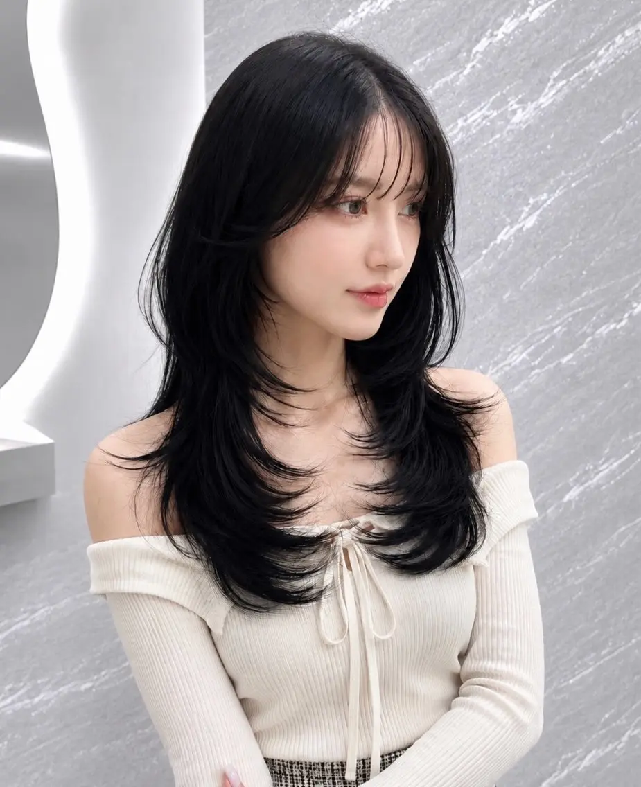 セミロング カラー ヘアアレンジ 黒髪 ブルーカラー ブルーブラック 透明感カラー グレージュ カット ヘアカラー 🖤kana韓国ヘア 艶髪カラー特化🖤のヘアスタイル