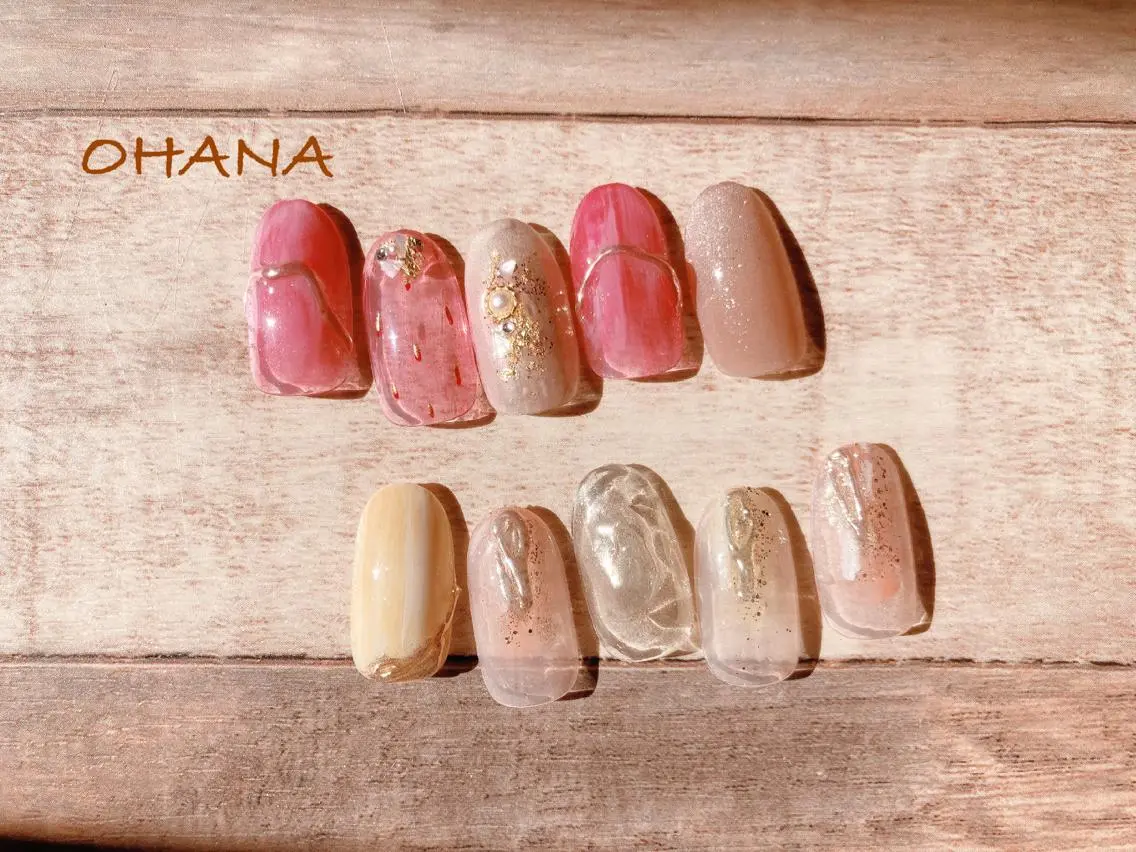 ネイル 成人式 長さ出し フットネイル ハート ミラーネイル nailroom OHANA🌴のネイルデザイン