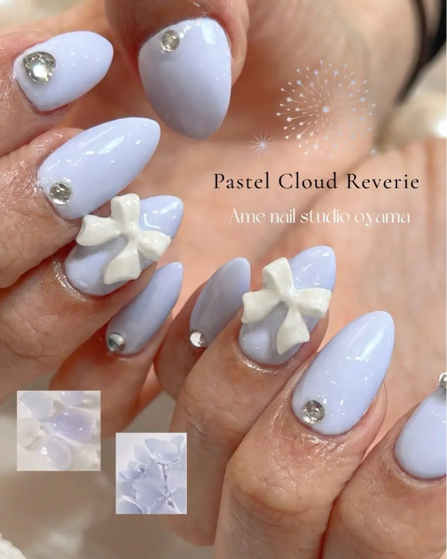ネイル パープル リボン ストーンネイル ハンドネイル ハンドケア AME NAIL STUDIO小山店のネイルデザイン