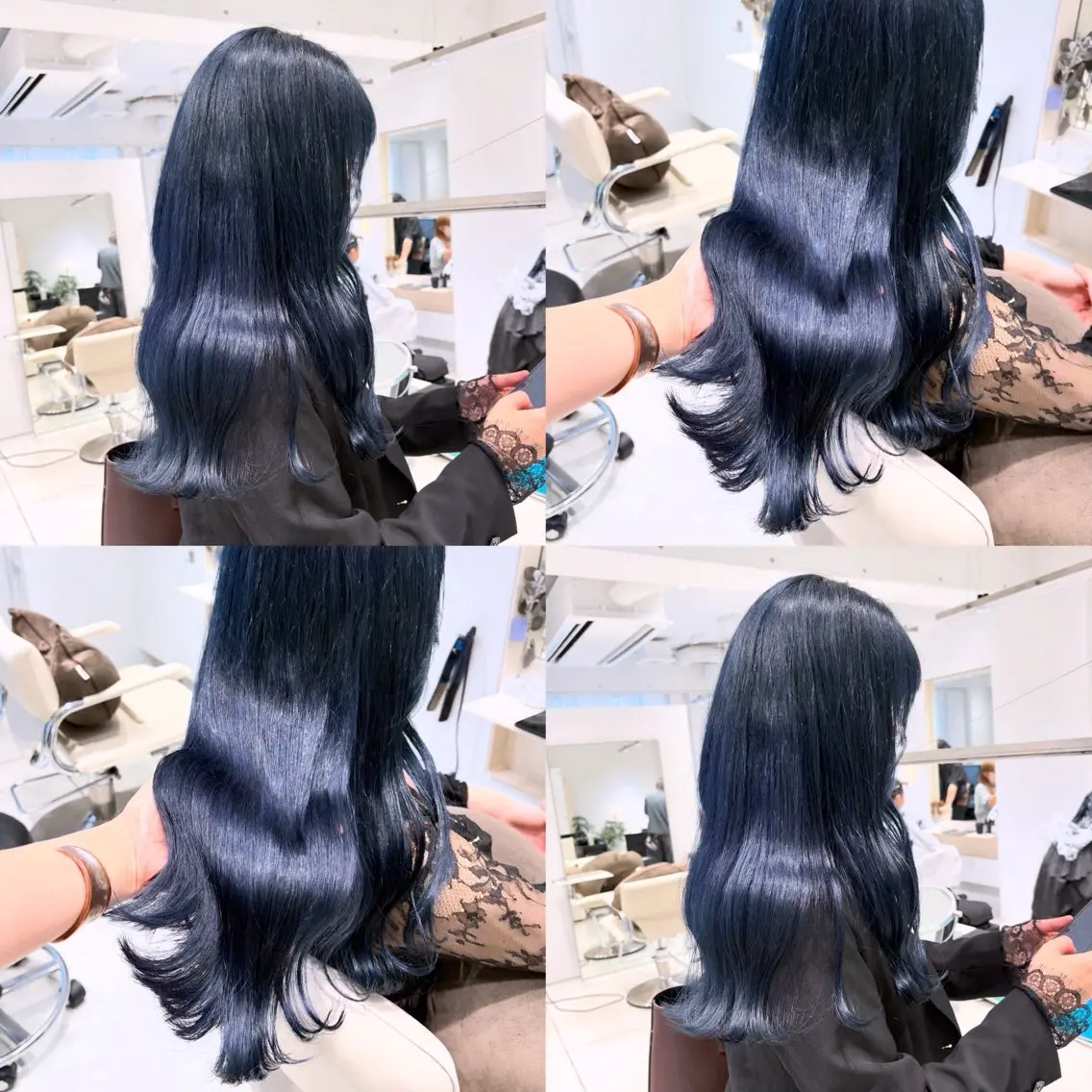 ロング カラー 黒髪 ブルーカラー ブルーブラック ブルージュ ダブルカラー ヘアカラー トリートメント ヘッドスパ カジュアルを女っぽく 𝗮𝘆𝗮𝗰𝗼のヘアスタイル