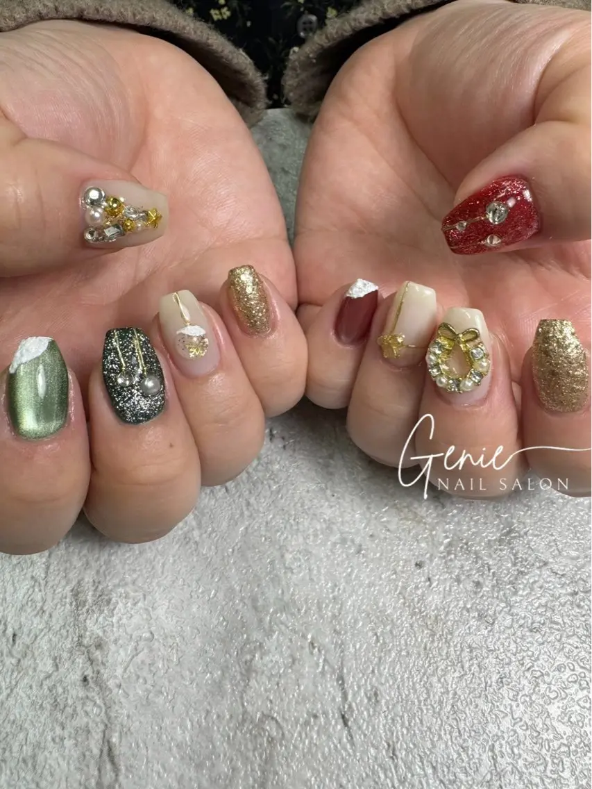 ネイル ニュアンスネイル 冬ネイル クリスマス ハンドネイル Nail salon Genieのネイルデザイン